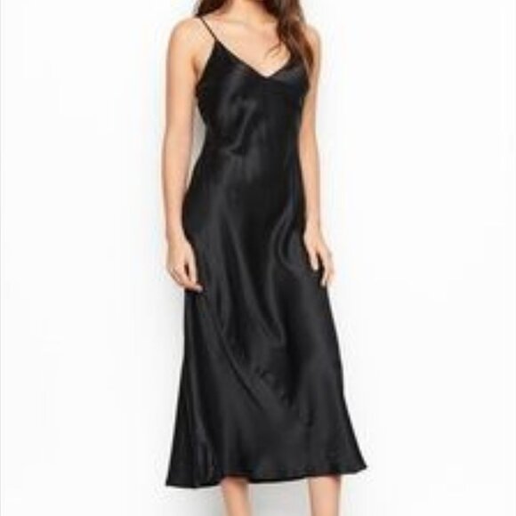 Victoria's Secret Satin Open Back Midi Slip Dress Black Size Medium - Picture 1 of 8